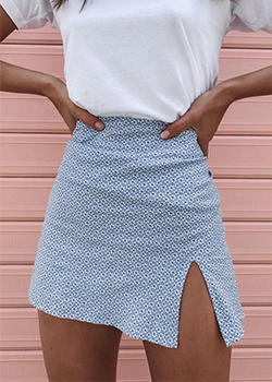 light blue patterned skirt with slit